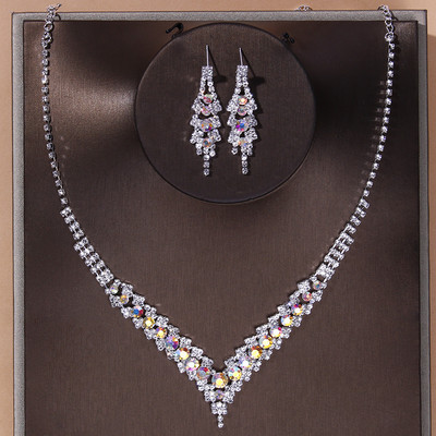 TREAZY Set de bijuterii de mireasă de nuntă, elegant, cu stras albastru, pentru femei, placat cu argint, în formă de V, colier, cercei