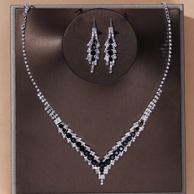 TREAZY Set de bijuterii de mireasă de nuntă, elegant, cu stras albastru, pentru femei, placat cu argint, în formă de V, colier, cercei