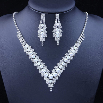 TREAZY Set de bijuterii de mireasă de nuntă, elegant, cu stras albastru, pentru femei, placat cu argint, în formă de V, colier, cercei