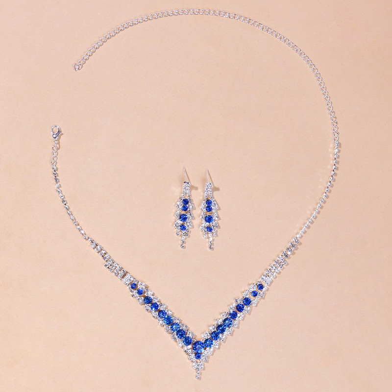 TREAZY Set de bijuterii de mireasă de nuntă, elegant, cu stras albastru, pentru femei, placat cu argint, în formă de V, colier, cercei