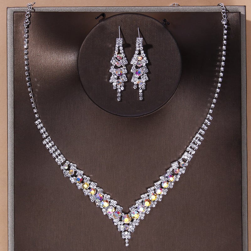 TREAZY Set de bijuterii de mireasă de nuntă, elegant, cu stras albastru, pentru femei, placat cu argint, în formă de V, colier, cercei