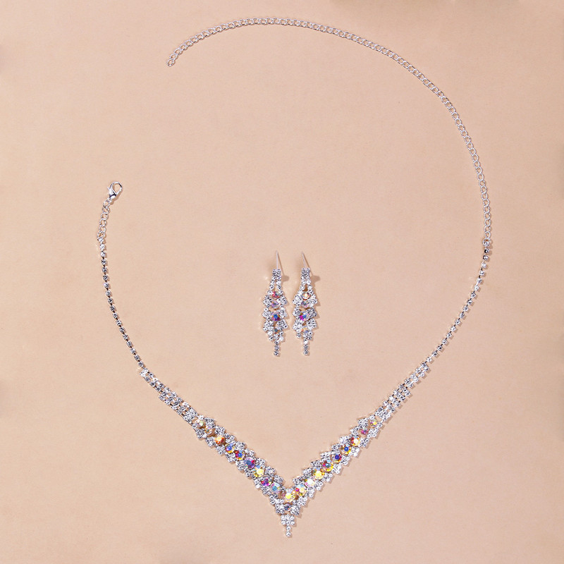 TREAZY Set de bijuterii de mireasă de nuntă, elegant, cu stras albastru, pentru femei, placat cu argint, în formă de V, colier, cercei