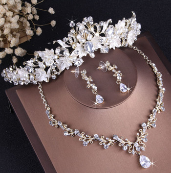 Барок Винтидж златен цвят Crystal Pearl Комплекти бижута Crystal Choker Колие Обеци Tiara Crown Комплект сватбени бижута