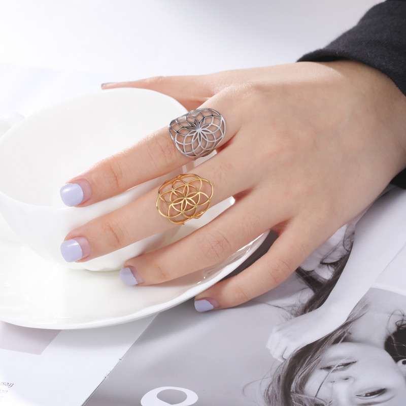 Skyrim Viking Flower of Life Gyűrű Vintage állítható rozsdamentes acél geometriai gyűrűk nőknek Amulett ékszer ajándékok nagykereskedés