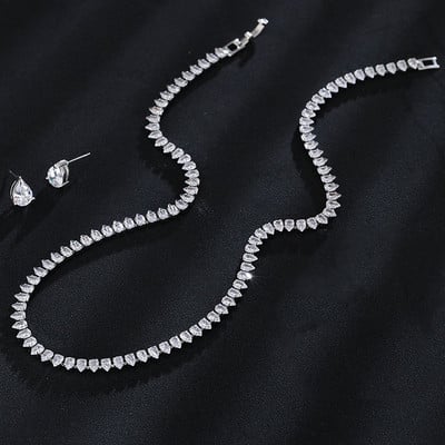 LXOEN Seturi de bijuterii de nuntă de lux cu zirconiu cubic strălucitor pentru femei, de culoare aur alb, colier rotund, cercei, brăţară nou