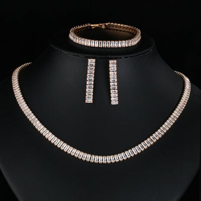 LXOEN Seturi de bijuterii de nuntă de lux cu zirconiu cubic strălucitor pentru femei, de culoare aur alb, colier rotund, cercei, brăţară nou