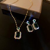 Set de colier de cercei geometrici de culoare verde smarald pătrat de modă coreeană de lux pentru femei, accesorii de bijuterii de nuntă de mireasă