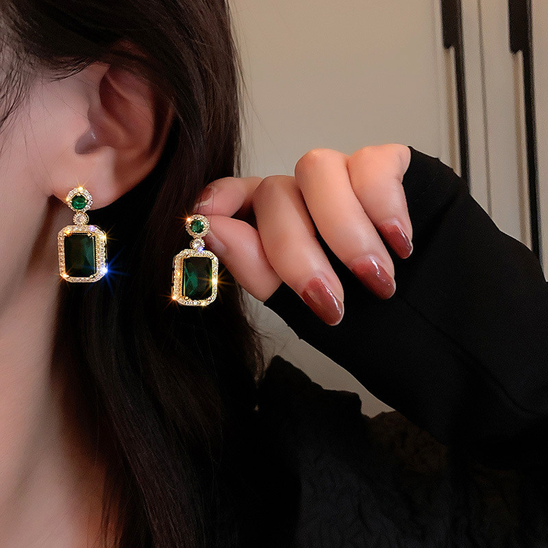 Set de colier de cercei geometrici de culoare verde smarald pătrat de modă coreeană de lux pentru femei, accesorii de bijuterii de nuntă de mireasă