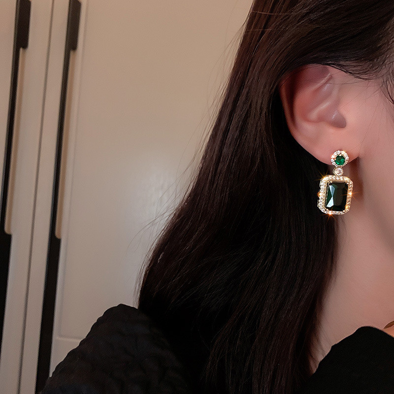Set de colier de cercei geometrici de culoare verde smarald pătrat de modă coreeană de lux pentru femei, accesorii de bijuterii de nuntă de mireasă
