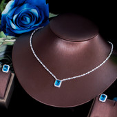 CWWZircons Set de bijuterii cu zirconiu cubic cu tăietură pătrată strălucitoare, albastru deschis, pentru femei, de culoare aur alb, colier pentru nunta de mireasă T576