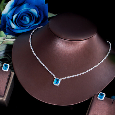 CWWZircons Set de bijuterii cu zirconiu cubic cu tăietură pătrată strălucitoare, albastru deschis, pentru femei, de culoare aur alb, colier pentru nunta de mireasă T576