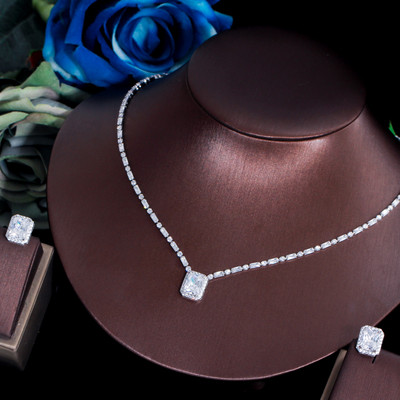 CWWZircons Set de bijuterii cu zirconiu cubic cu tăietură pătrată strălucitoare, albastru deschis, pentru femei, de culoare aur alb, colier pentru nunta de mireasă T576