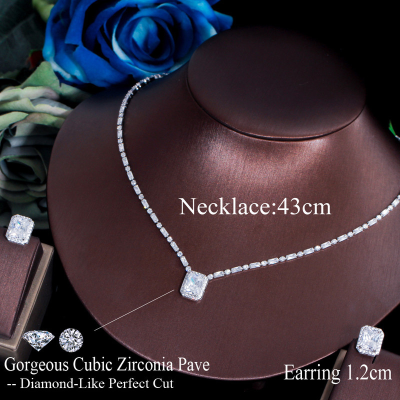 CWWZircons Set de bijuterii cu zirconiu cubic cu tăietură pătrată strălucitoare, albastru deschis, pentru femei, de culoare aur alb, colier pentru nunta de mireasă T576