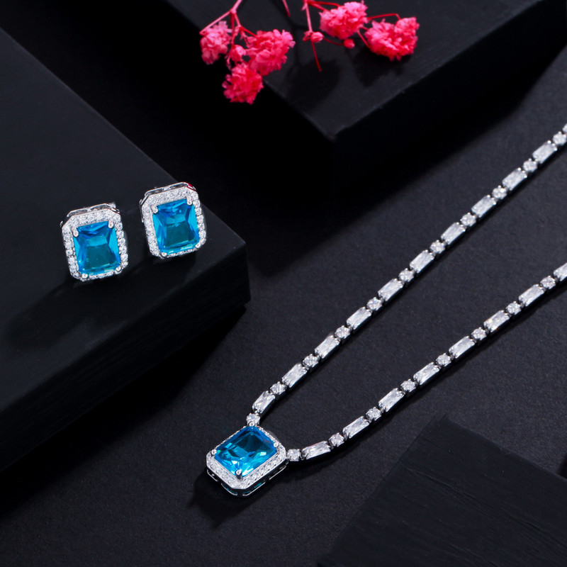 CWWZircons Set de bijuterii cu zirconiu cubic cu tăietură pătrată strălucitoare, albastru deschis, pentru femei, de culoare aur alb, colier pentru nunta de mireasă T576