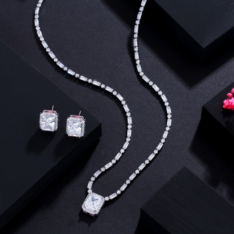 CWWZircons Set de bijuterii cu zirconiu cubic cu tăietură pătrată strălucitoare, albastru deschis, pentru femei, de culoare aur alb, colier pentru nunta de mireasă T576