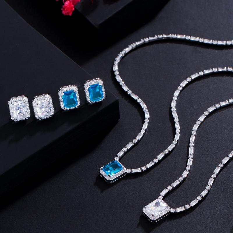 CWWZircons Set de bijuterii cu zirconiu cubic cu tăietură pătrată strălucitoare, albastru deschis, pentru femei, de culoare aur alb, colier pentru nunta de mireasă T576