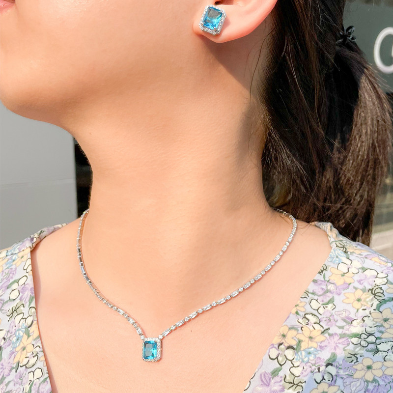 CWWZircons Set de bijuterii cu zirconiu cubic cu tăietură pătrată strălucitoare, albastru deschis, pentru femei, de culoare aur alb, colier pentru nunta de mireasă T576