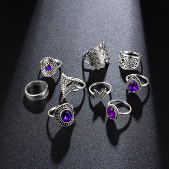 Tocona 9 бр./комплекти лилав кристал реколта сребърни цветни пръстени за жени цветя геометрия бохемски бижута кольцо сватба 8261