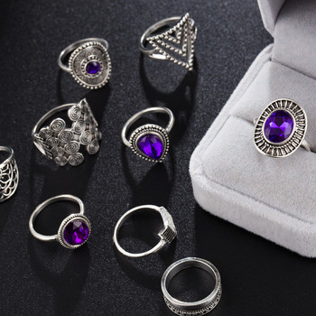Tocona 9 бр./комплекти лилав кристал реколта сребърни цветни пръстени за жени цветя геометрия бохемски бижута кольцо сватба 8261