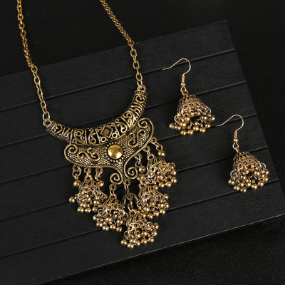 Set de bijuterii indiene retro de lux, cercei/colier, bijuterii de nuntă, umerașe, cercei Jhumka sculptate etnic