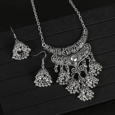 Set de bijuterii indiene retro de lux, cercei/colier, bijuterii de nuntă, umerașe, cercei Jhumka sculptate etnic