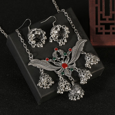 Set de bijuterii indiene retro de lux, cercei/colier, bijuterii de nuntă, umerașe, cercei Jhumka sculptate etnic