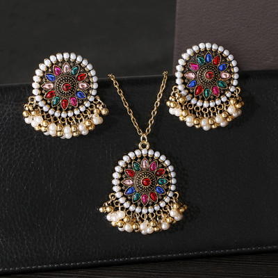 Set de bijuterii indiene retro de lux, cercei/colier, bijuterii de nuntă, umerașe, cercei Jhumka sculptate etnic
