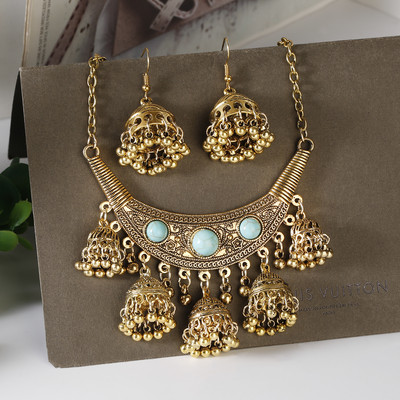 Set de bijuterii indiene retro de lux, cercei/colier, bijuterii de nuntă, umerașe, cercei Jhumka sculptate etnic
