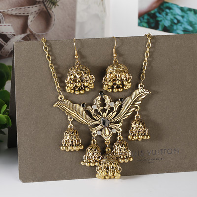 Set de bijuterii indiene retro de lux, cercei/colier, bijuterii de nuntă, umerașe, cercei Jhumka sculptate etnic