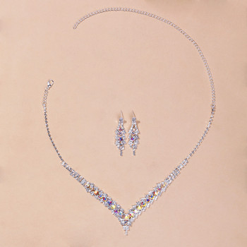 TREAZY Елегантен комплект сватбени булчински бижута със син кристал от кристали за жени със сребърно покритие V-образна огърлица Комплект обеци