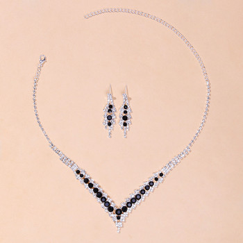 TREAZY Елегантен комплект сватбени булчински бижута със син кристал от кристали за жени със сребърно покритие V-образна огърлица Комплект обеци