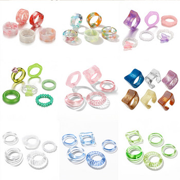 17KM Корейски цветни прозрачни акрилни пръстени от смола Комплект за жени Модерни геометрични квадратни кръгли пръстени Сватбени бижута