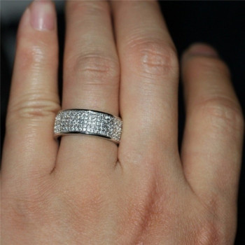 Блясък в сребърен и златен цвят Дамски пръстен Кръгъл инкрустиран пръстен с бял циркон за жени Мъже Годежни сватбени бижута Подарък