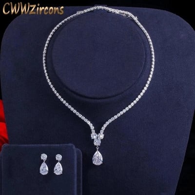 CWWZircons модни кубични цирконий водни капки висулка колие и обеци булчински сватбени комплекти бижута за булчинско парти T397