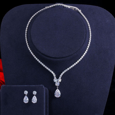 CWWZircons Fashion Cubic Zirconia Colier și cercei cu pandantiv cu picături de apă Seturi de bijuterii pentru nuntă de mireasă pentru petrecerea mireselor T397