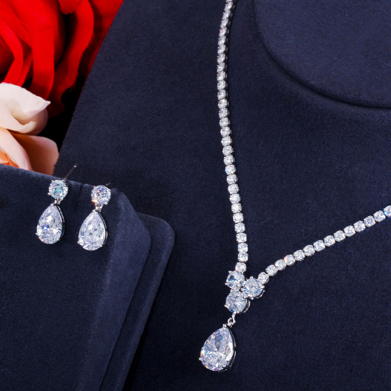 CWWZircons Fashion Cubic Zirconia Colier și cercei cu pandantiv cu picături de apă Seturi de bijuterii pentru nuntă de mireasă pentru petrecerea mireselor T397