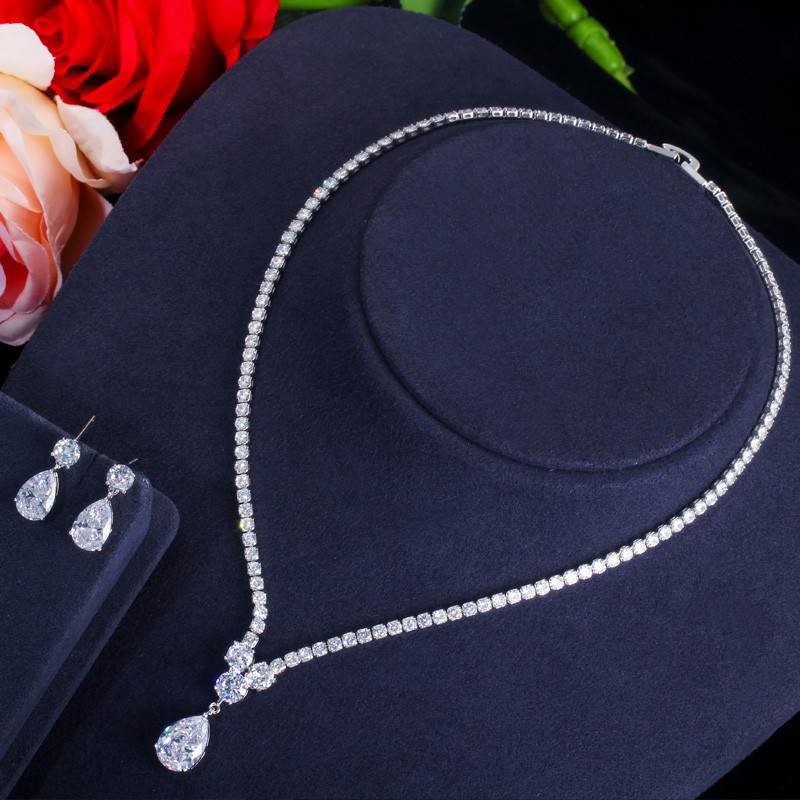 CWWZircons Fashion Cubic Zirconia Colier și cercei cu pandantiv cu picături de apă Seturi de bijuterii pentru nuntă de mireasă pentru petrecerea mireselor T397