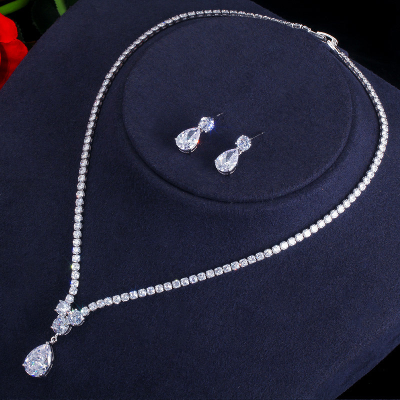 CWWZircons Fashion Cubic Zirconia Colier și cercei cu pandantiv cu picături de apă Seturi de bijuterii pentru nuntă de mireasă pentru petrecerea mireselor T397
