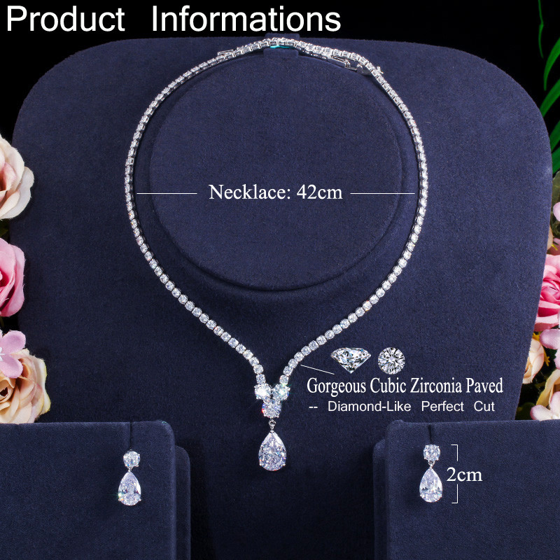 CWWZircons Fashion Cubic Zirconia Colier și cercei cu pandantiv cu picături de apă Seturi de bijuterii pentru nuntă de mireasă pentru petrecerea mireselor T397