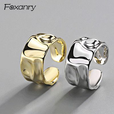 Foxanry сребърен цвят неправилен ръчно изработен пръстен за жени Creative Geometric Wide anillos Jewelry Gift Size 16.5mm Adjustale