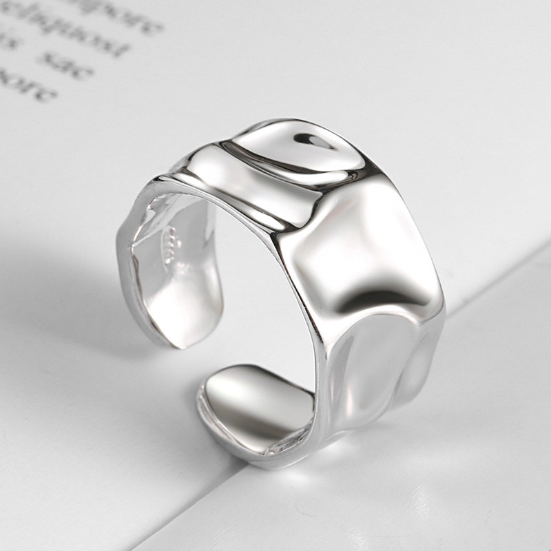 Foxanry Inel neregulat lucrat manual de culoare argintie pentru femei Creativ Geometric Anillos largi Bijuterii Dimensiune cadou 16,5 mm Adjustale
