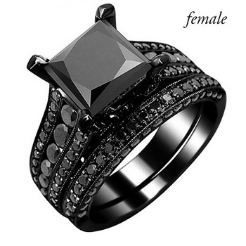 Пръстени за любители на бижута за модни двойки Дамски комплект годежен пръстен с черен циркон Мъжка брачна лента от неръждаема стомана Подарък за годишнина