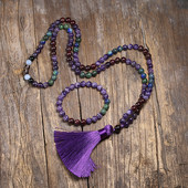 Colier Japamala cu granat natural de 8 mm pentru femei, margele de cuarț ametist, meditație 108 Mala, ciucuri lucrate manual, set de bijuterii cadou pentru yoga