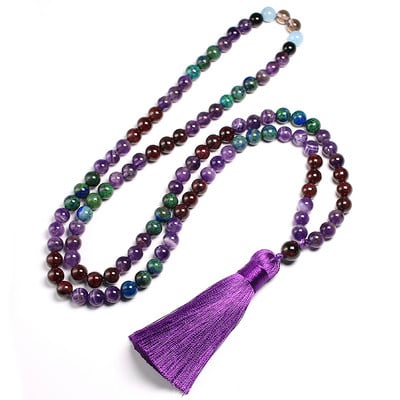 Colier Japamala cu granat natural de 8 mm pentru femei, margele de cuarț ametist, meditație 108 Mala, ciucuri lucrate manual, set de bijuterii cadou pentru yoga