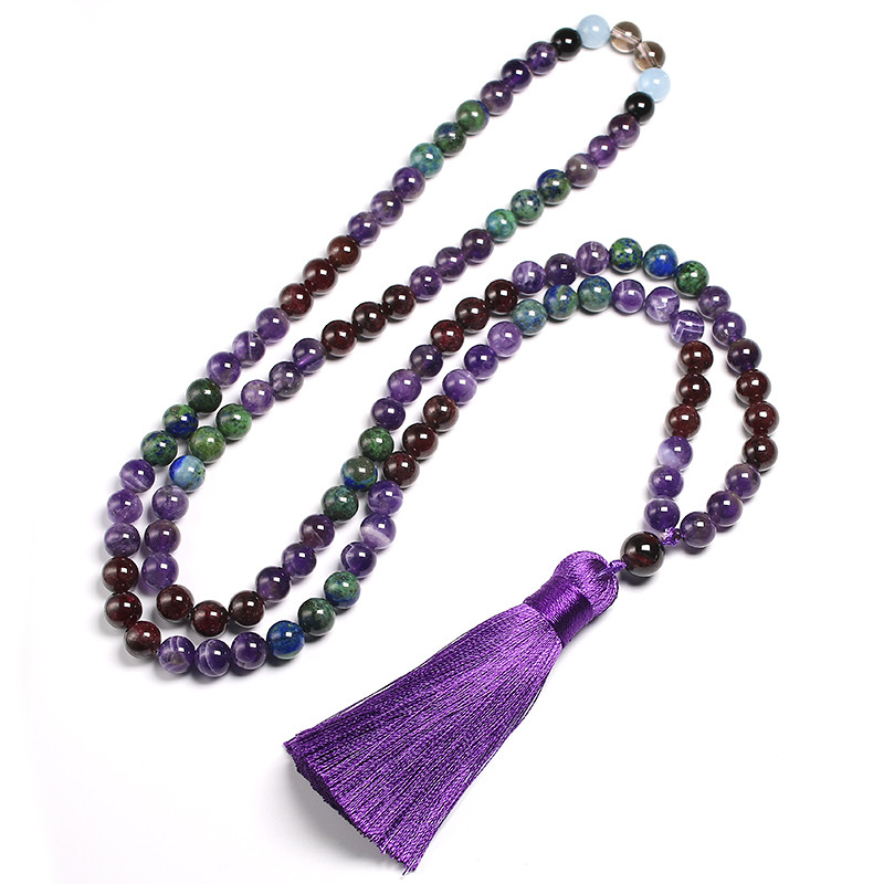 Colier Japamala cu granat natural de 8 mm pentru femei, margele de cuarț ametist, meditație 108 Mala, ciucuri lucrate manual, set de bijuterii cadou pentru yoga