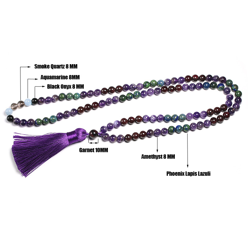 Colier Japamala cu granat natural de 8 mm pentru femei, margele de cuarț ametist, meditație 108 Mala, ciucuri lucrate manual, set de bijuterii cadou pentru yoga