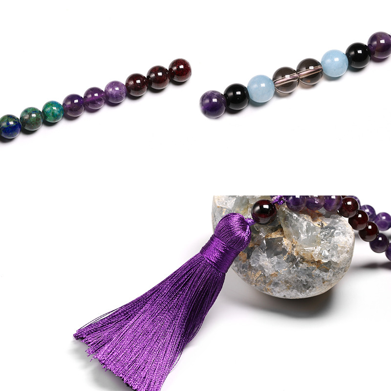 Colier Japamala cu granat natural de 8 mm pentru femei, margele de cuarț ametist, meditație 108 Mala, ciucuri lucrate manual, set de bijuterii cadou pentru yoga