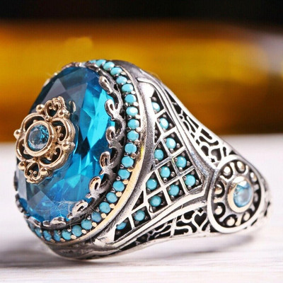 Inkrustuotas smaragdinis vyriškas prabangus žiedas Retro dominuojantis brangakmenis safyro žiedas, skirtas dalyvauti banketų vakarėlyje Verslo papuošalai