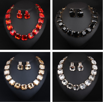 Seturi de bijuterii de nuntă de mireasă de cristal roșu geometric boem pentru femei, bijuterii de lux de claviculă de culoare aur cu strasuri