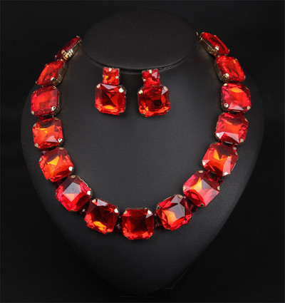 Seturi de bijuterii de nuntă de mireasă de cristal roșu geometric boem pentru femei, bijuterii de lux de claviculă de culoare aur cu strasuri